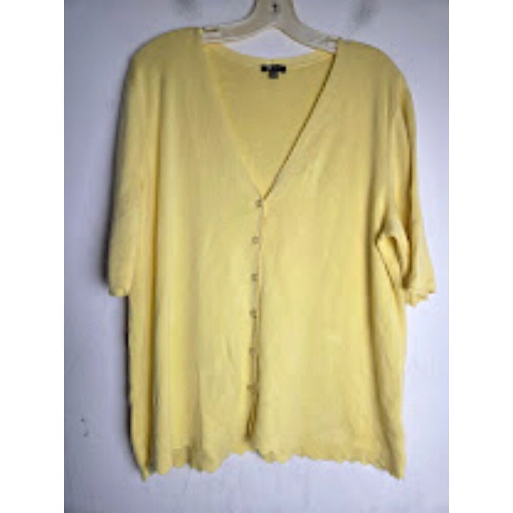 Talbots Women Yellow Cotton Blend Knit 3/4 Sleeve Scalloped Hem Cardigan size XL